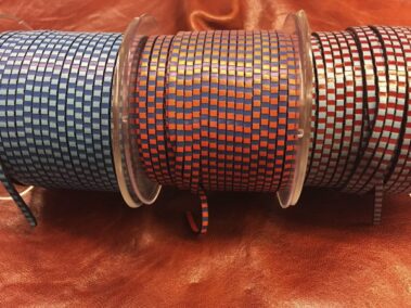 Engraved Leather Strip Ref. TCG 3 Stripes Emerald Candy with Blue, Copper with Blue and Emerald Candy with Red