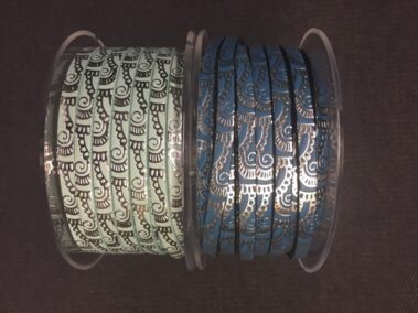 Leather strip 5x2 mm. emerald candy and turquoise with engraved waves with silver glitter transfer