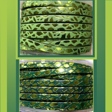 Stamped Flat Leather Lace with transfer Pistachio Metallic.